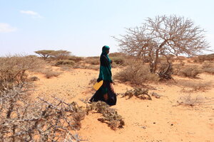 A woman with a long headscarf and dress walks through a desert landscape. Photo: WFP/Mohamed Abdirisak Ali